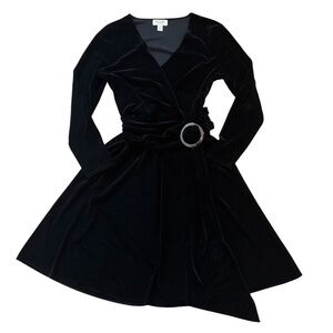 Talbots Velvet Faux Wrap Dress Long Sleeve A-line Belted Buckle Black 6P